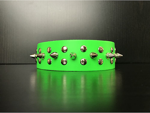Fluorescent Green/1 Spike Studs - Leather Dog Collar - Size XL